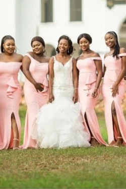 Long Pink Mermaid Off the Shoulder Bridesmaid Dresses 902356