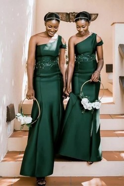 Long Green Mermaid One Shoulder Bridesmaid Dresses 902357