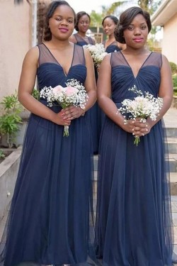 Long Navy Blue Tulle V Neck Bridesmaid Dresses 902358