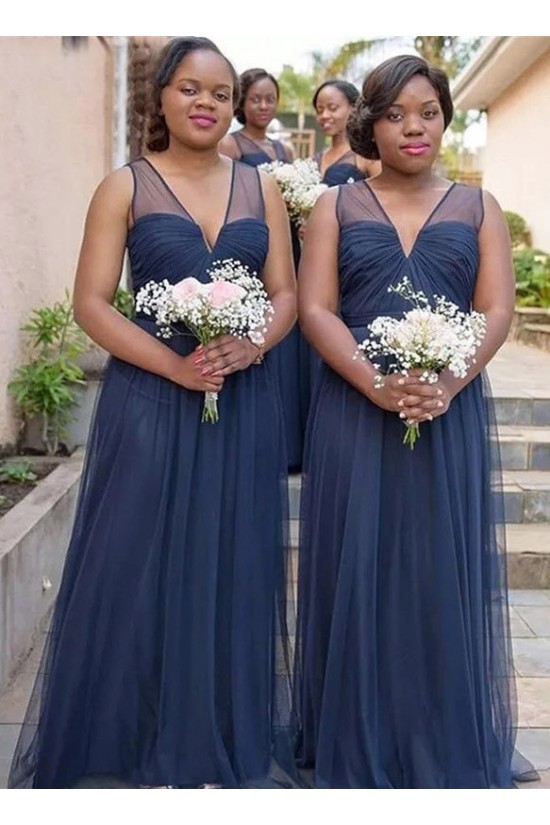 Long Navy Blue Tulle V Neck Bridesmaid Dresses 902358 Long Navy Blue Tulle V Neck Bridesmaid Dresses 902358