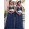 Long Navy Blue Tulle V Neck Bridesmaid Dresses 902358