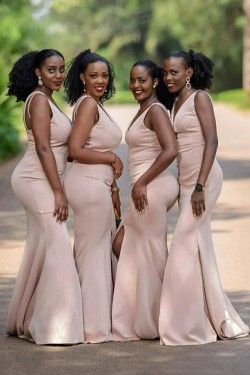 Long Pink Mermaid V Neck Bridesmaid Dresses 902359