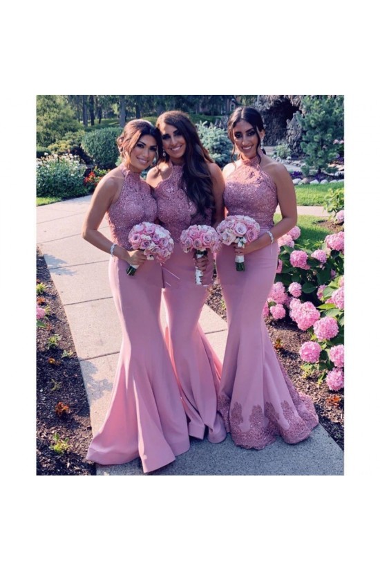 Long Pink Mermaid Lace Floor Length Bridesmaid Dresses 902363