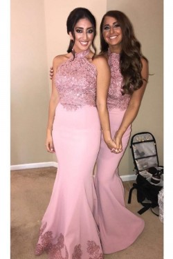 Long Pink Mermaid Lace Floor Length Bridesmaid Dresses 902363