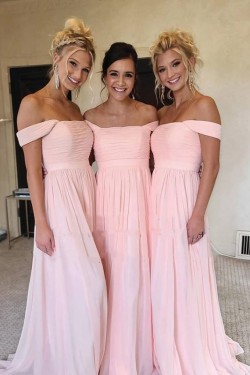 Long Pink Off the Shoulder Chiffon Bridesmaid Dresses 902366