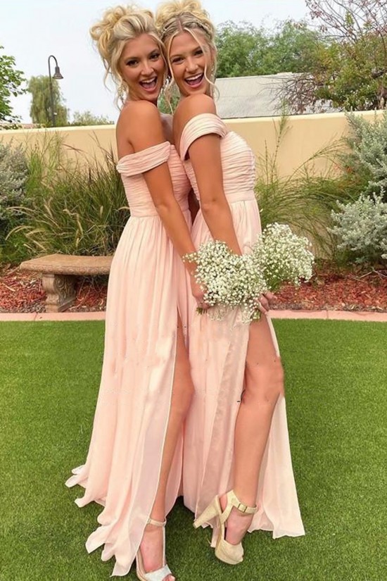 Long Pink Off the Shoulder Chiffon Bridesmaid Dresses 902366