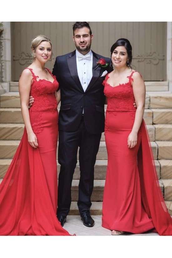 Long Red Mermaid Lace Bridesmaid Dresses 902370