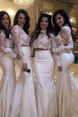 Long Mermaid Two Pieces White Lace Bridesmaid Dresses with Sleeves 902372
