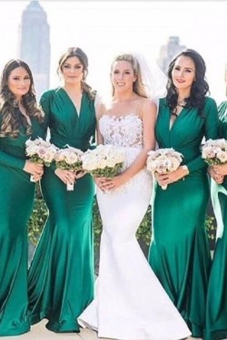 Long Green Mermaid Bridesmaid Dresses with Long Sleeves 902375