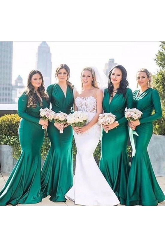 Long Green Mermaid Bridesmaid Dresses with Long Sleeves 902375