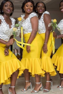 Long Yellow White Bridesmaid Dresses 902377