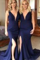 Long Navy Blue Mermaid V Neck Bridesmaid Dresses 902382