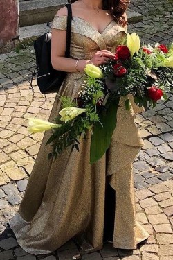 Long Gold Sequin Off the Shoulder Bridesmaid Dresses 902383