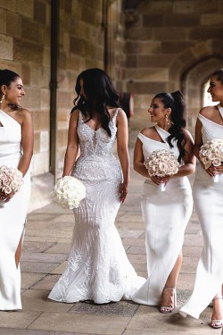 Long White Mermaid One Shoulder Bridesmaid Dresses 902384