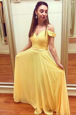 Long Yellow Off the Shoulder Chiffon Bridesmaid Dresses 902387