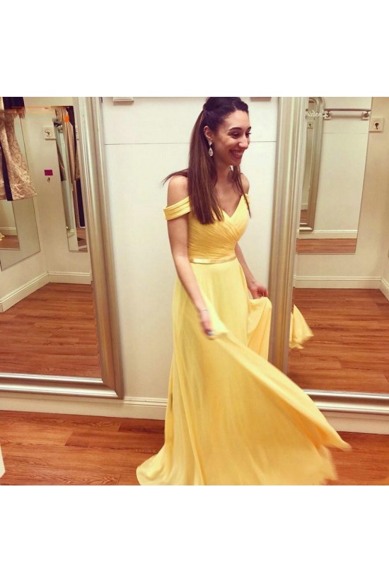 Long Yellow Off the Shoulder Chiffon Bridesmaid Dresses 902387
