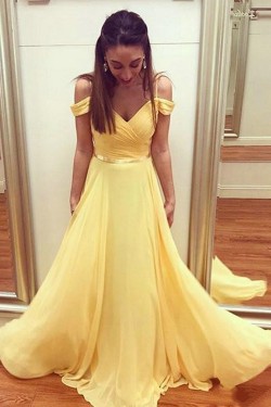 Long Yellow Off the Shoulder Chiffon Bridesmaid Dresses 902387