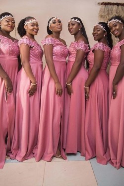 Long Pink Lace Floor Length Bridesmaid Dresses 902388