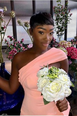 Long Pink One Shoulder Bridesmaid Dresses 902389