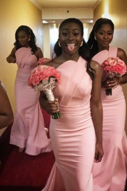 Long Pink Mermaid One Shoulder Bridesmaid Dresses 902392