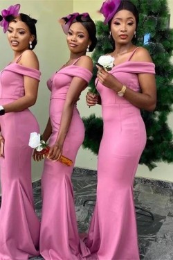 Long Mermaid Off the Shoulder Pink Bridesmaid Dresses 902395