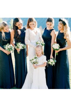 Long Navy Blue Floor Length Bridesmaid Dresses 902408