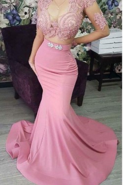 Long Pink Lace Mermaid Bridesmaid Dresses 902410