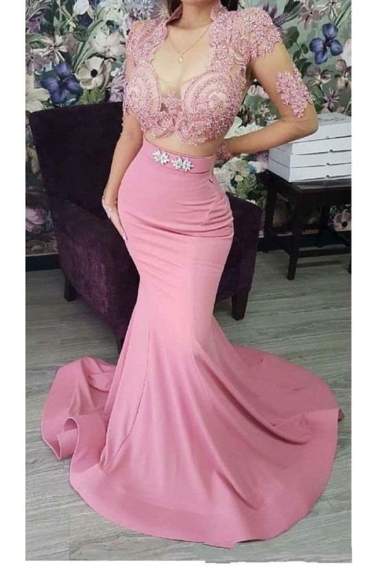 Long Pink Lace Mermaid Bridesmaid Dresses 902410
