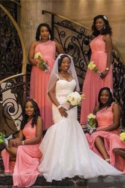 Long Chiffon and Lace One Shoulder Bridesmaid Dresses 902414