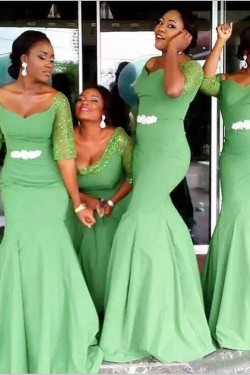 Long Green Mermaid Floor Length Bridesmaid Dresses with Sleeves 902415