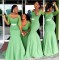 Long Green Mermaid Floor Length Bridesmaid Dresses with Sleeves 902415