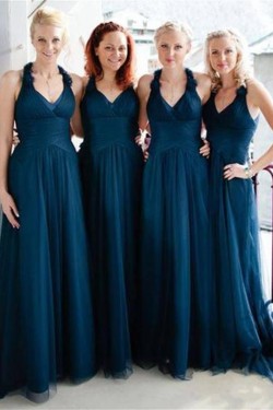 Long Navy Blue V Neck Tulle Bridesmaid Dresses 902418