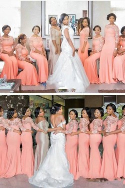 Long Pink Mermaid Lace Bridesmaid Dresses with Sleeves 902421