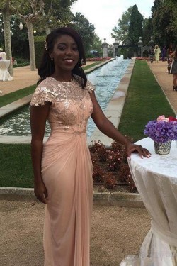 Long Pink Chiffon and Lace Bridesmaid Dresses 902426