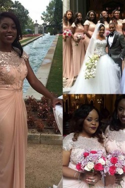 Long Pink Chiffon and Lace Bridesmaid Dresses 902426