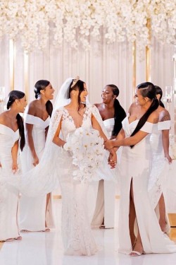 Long White Mermaid Off the Shoulder Bridesmaid Dresses 902428