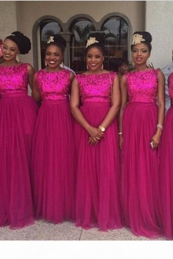 Long Fuchsia Tulle and Sequin Bridesmaid Dresses 902431