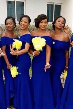 Long Royal Blue Mermaid Off the Shoulder Bridesmaid Dresses 902436