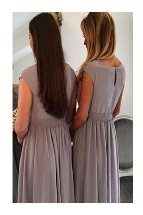 Long Grey Lace and Chiffon Floor Length Bridesmaid Dresses 902439