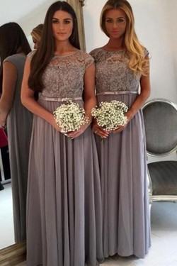 Long Grey Lace and Chiffon Floor Length Bridesmaid Dresses 902439
