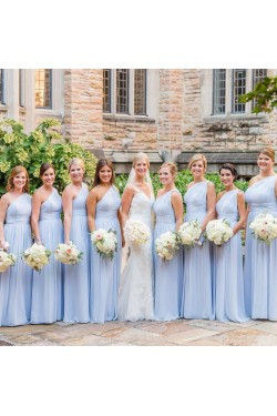 Long Blue One Shoulder Chiffon Bridesmaid Dresses 902442