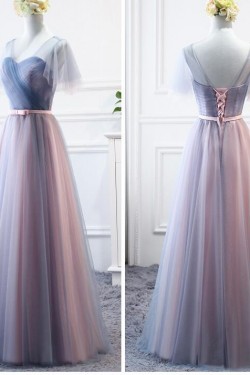 Long Tulle Floor Length Bridesmaid Dresses with Sleeves 902447