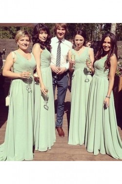 Long Chiffon V Neck Floor Length Bridesmaid Dresses 902450