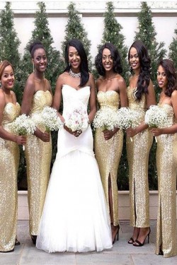 Long Gold Sequin Sweetheart Bridesmaid Dresses 902455