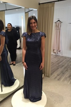 Long Navy Blue Sequin Bridesmaid Dresses 902457