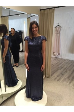 Long Navy Blue Sequin Bridesmaid Dresses 902457