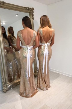 Long Mermaid Gold Sequin Bridesmaid Dresses 902458