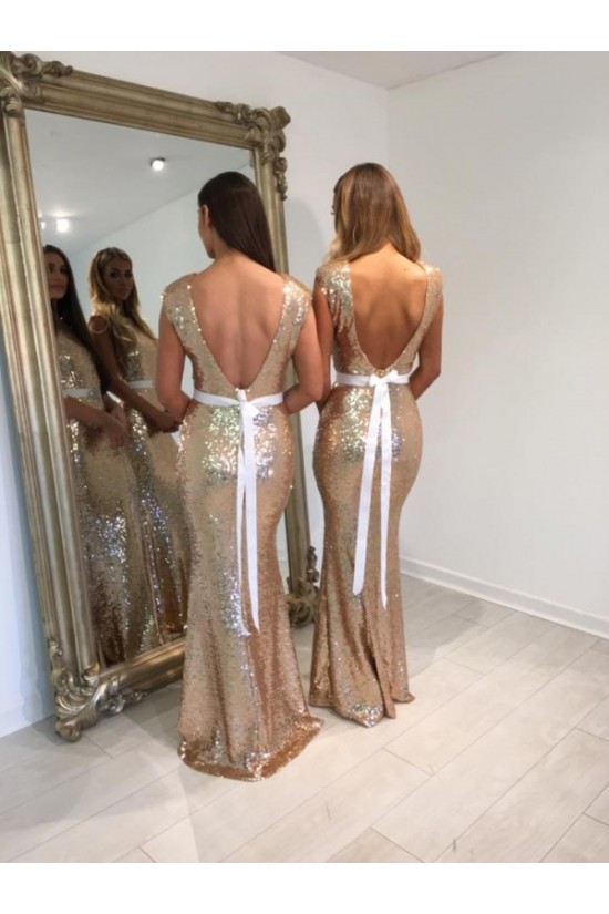 Long Mermaid Gold Sequin Bridesmaid Dresses 902458