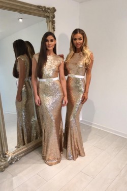 Long Mermaid Gold Sequin Bridesmaid Dresses 902458