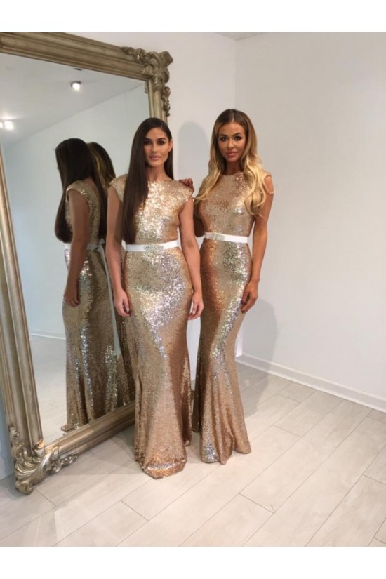 Long Mermaid Gold Sequin Bridesmaid Dresses 902458